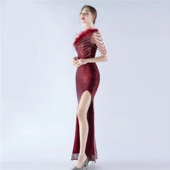 Crimson, One Shoulder Beaded,  Feather Neckline,  Sleeveless,  Sequined Gown - Picture 8 of 14